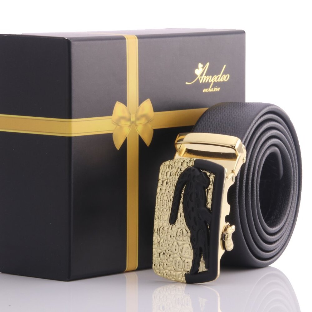 Black Leather Ratchet Belt – Gold Crocodile Automatic Buckle – fits 28-52" waist